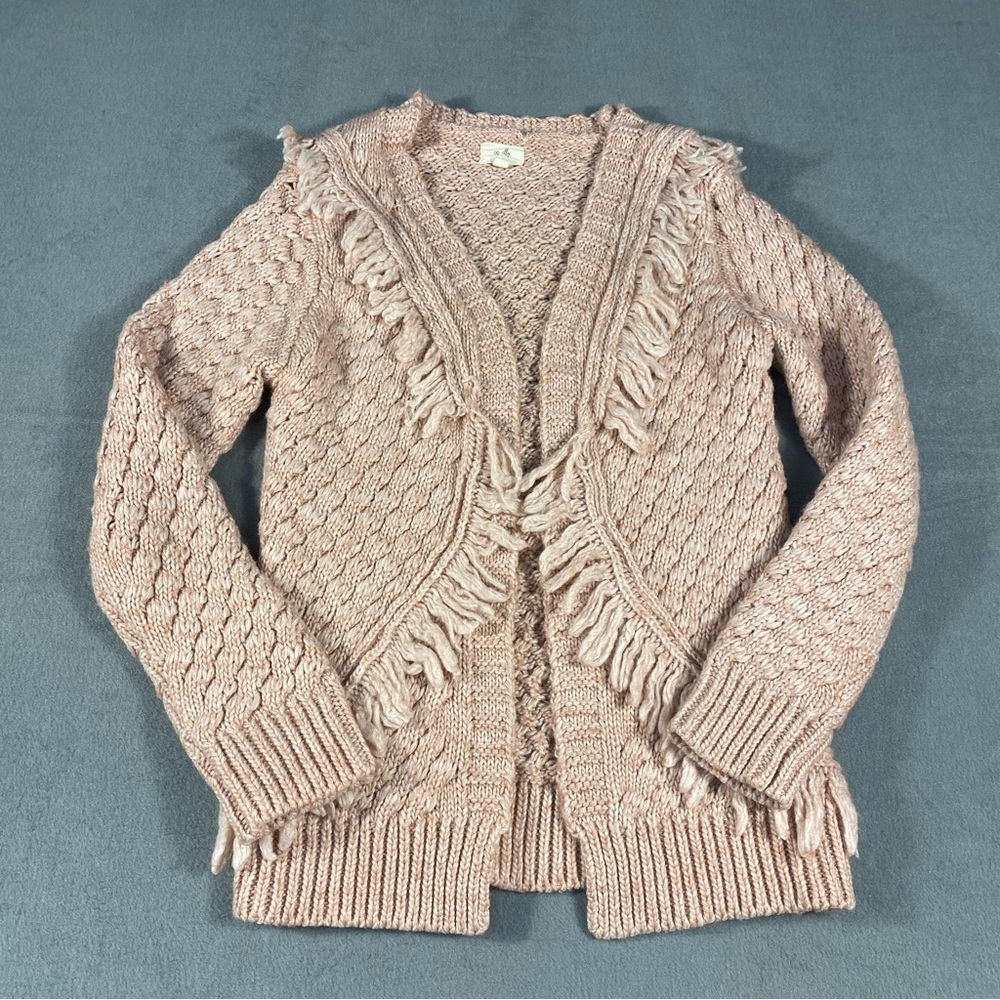 En Elly Women's Light Pink Fringe Cardigan Sweater, Long Sleeves, Size XS